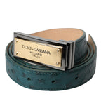 Dolce & Gabbana Green Leather Gold Logo Engraved Buckle Belt