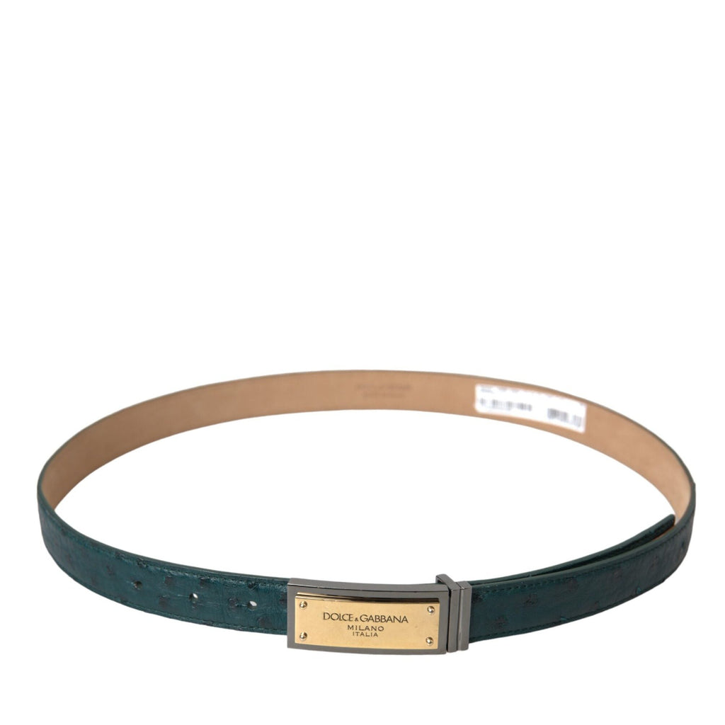 Dolce & Gabbana Green Leather Gold Logo Engraved Buckle Belt