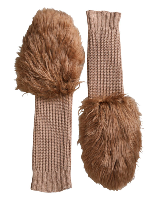 Dolce & Gabbana Brown Cashmere Knitted Fur Mid Arm Mitten Gloves Dolce & Gabbana
