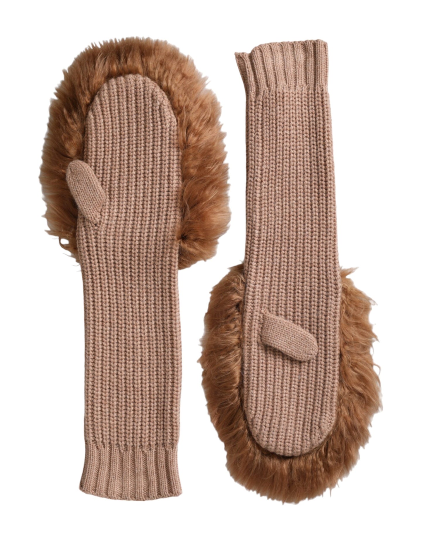 Dolce & Gabbana Brown Cashmere Knitted Fur Mid Arm Mitten Gloves Dolce & Gabbana