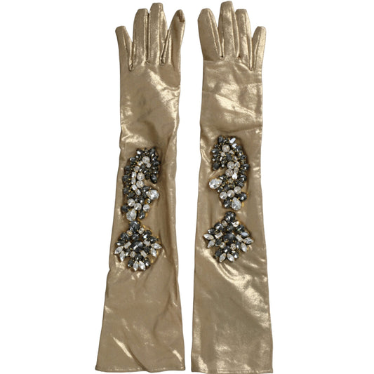 Dolce & Gabbana Beige Satin Crystal Elbow Length Gloves Dolce & Gabbana