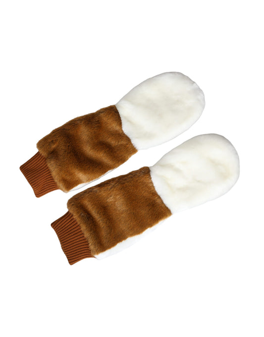 Dolce & Gabbana Brown White Acrylic Knitted Fur Mitten Gloves Dolce & Gabbana