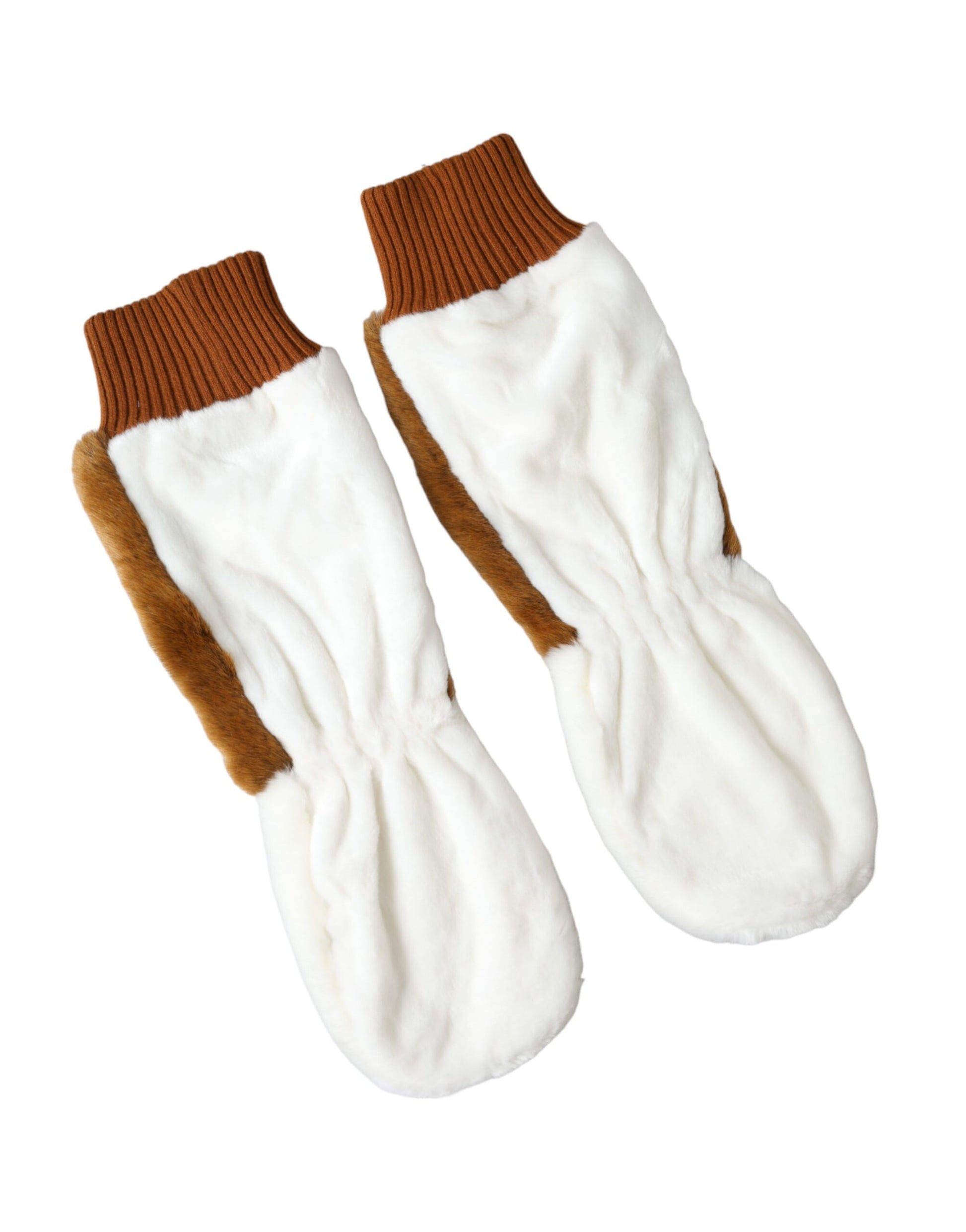 Dolce & Gabbana Brown White Acrylic Knitted Fur Mitten Gloves Dolce & Gabbana