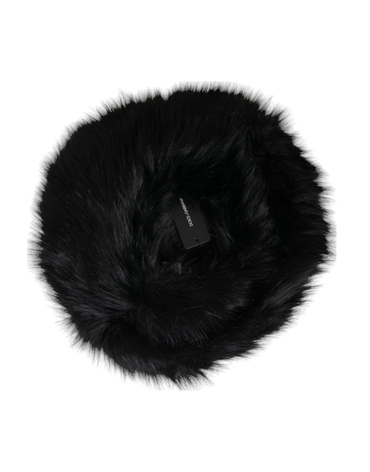 Dolce & Gabbana black faux fur women's bucket hat with wide brim and stylish design, perfect for winter fashion.