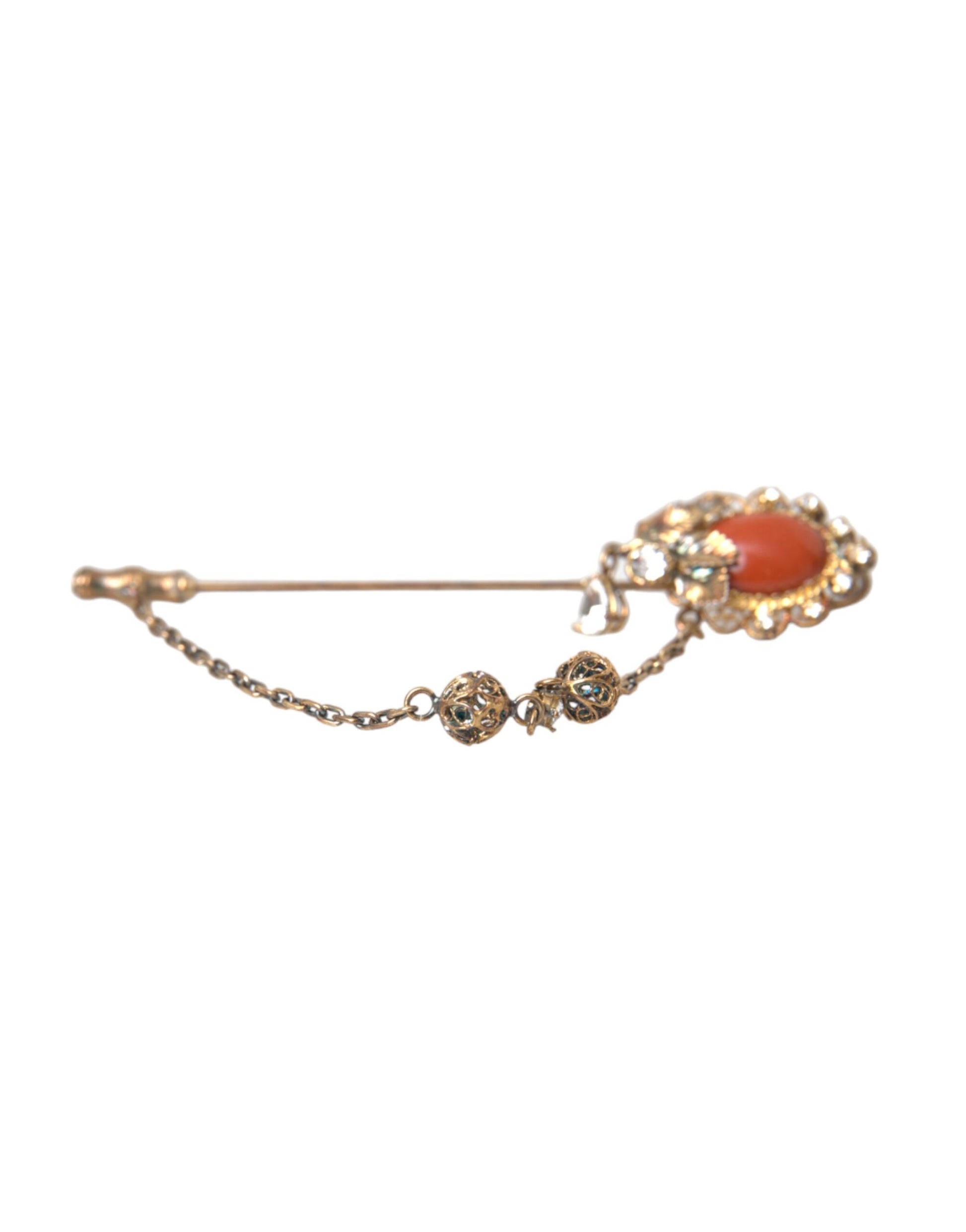 Dolce & Gabbana Gold Brass Crystal Chain 925 Sterling Silver Pin Brooch Dolce & Gabbana