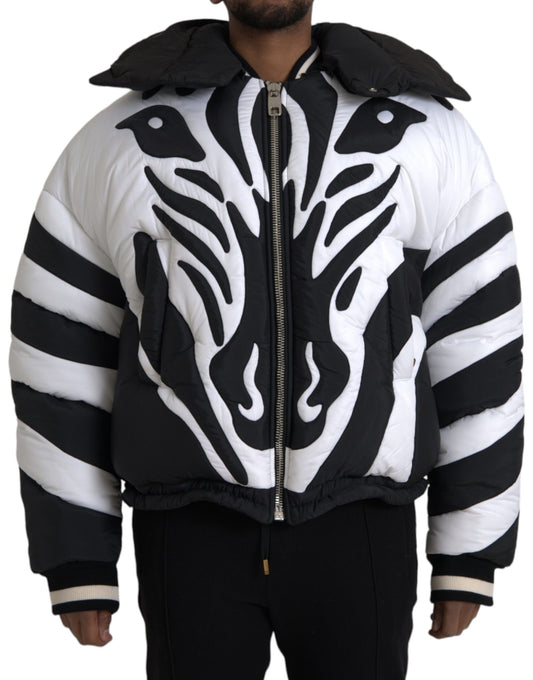 Dolce & Gabbana Black White Stripes Hooded Puffer Jacket Dolce & Gabbana