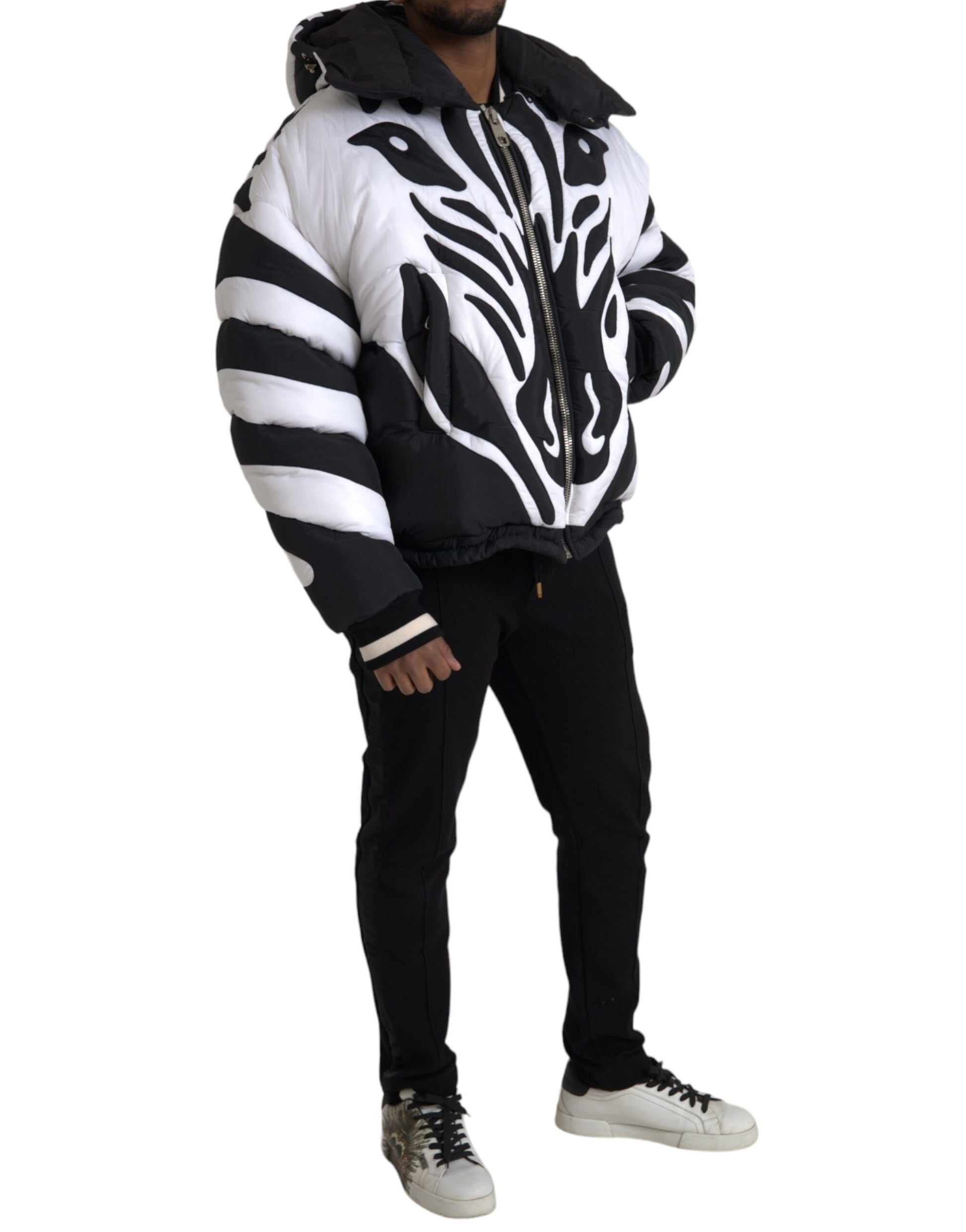 Dolce & Gabbana Black White Stripes Hooded Puffer Jacket Dolce & Gabbana