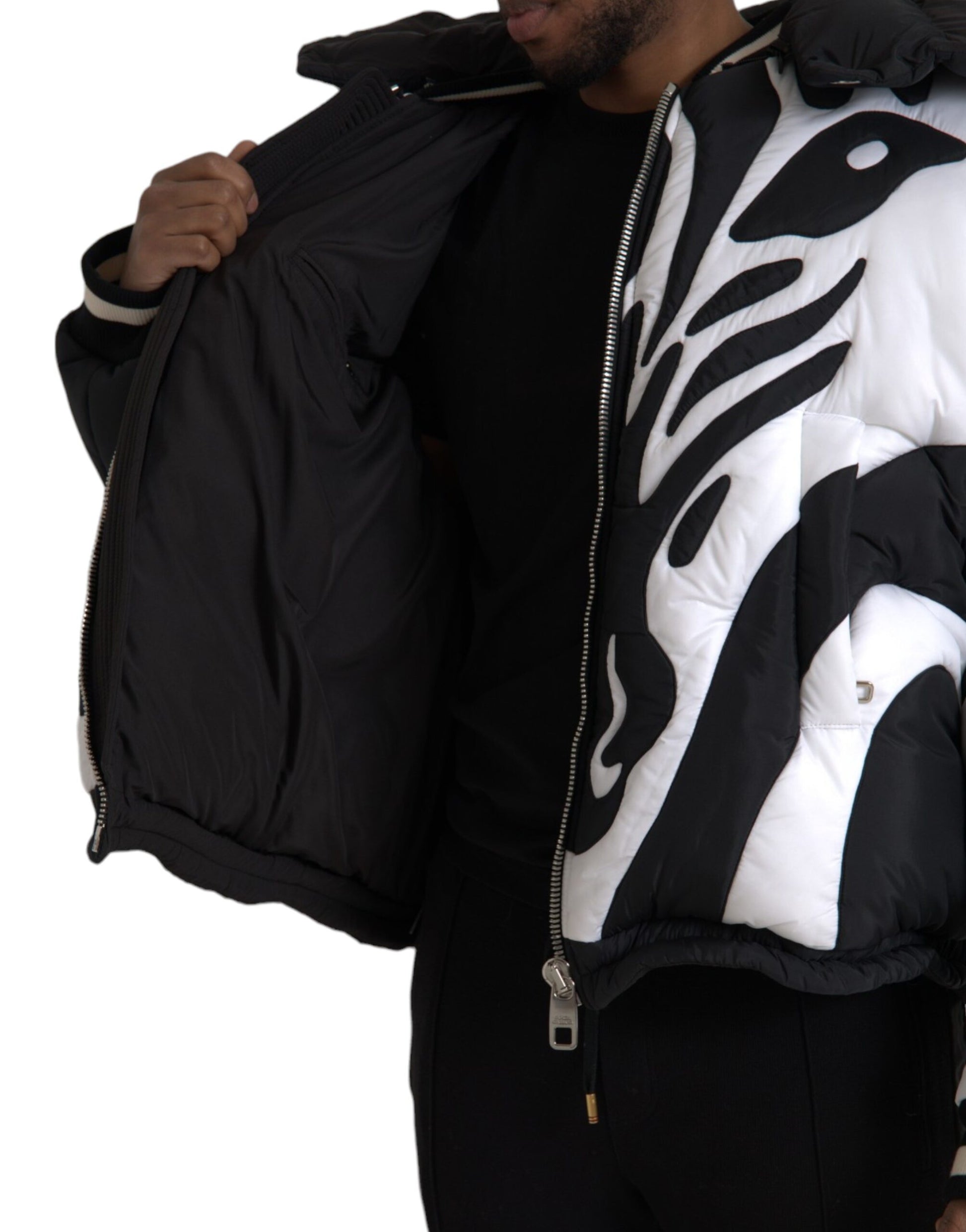 Dolce & Gabbana Black White Stripes Hooded Puffer Jacket Dolce & Gabbana