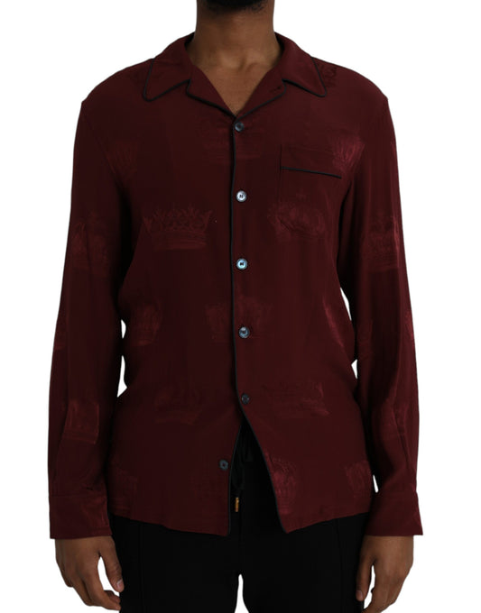 Dolce & Gabbana Maroon Crown Jacquard Silk Long Sleeve Shirt Dolce & Gabbana