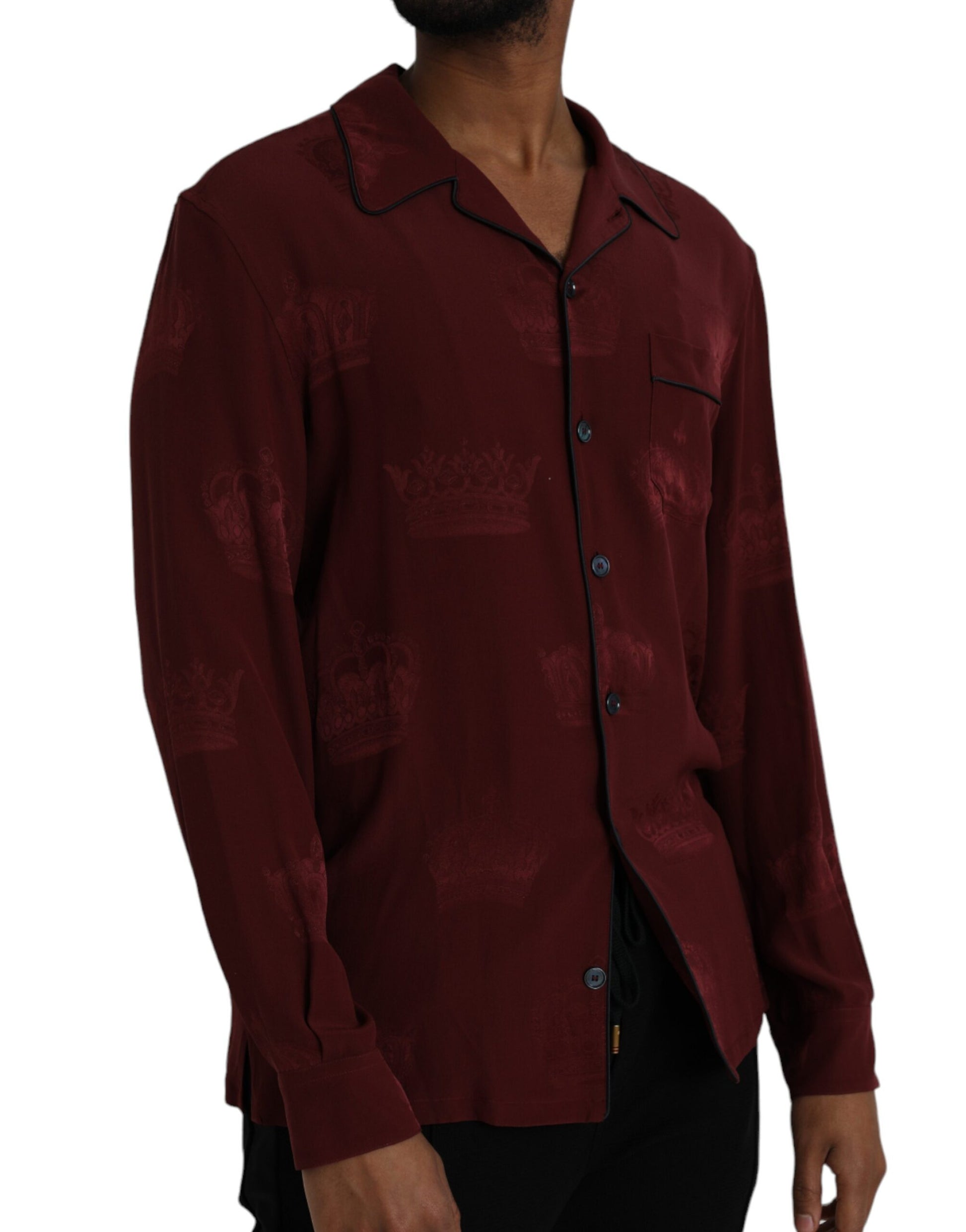 Dolce & Gabbana Maroon Crown Jacquard Silk Long Sleeve Shirt Dolce & Gabbana