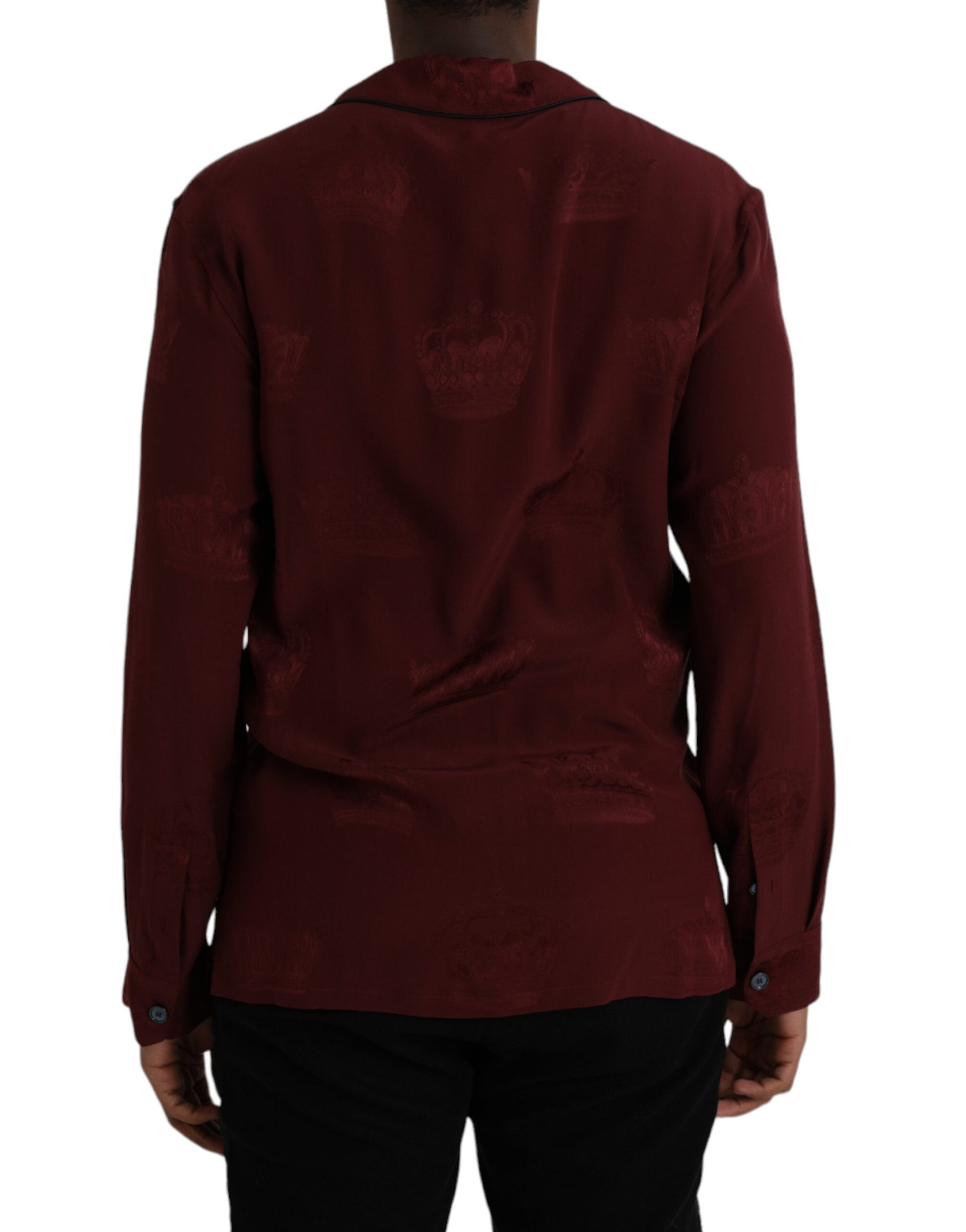 Dolce & Gabbana Maroon Crown Jacquard Silk Long Sleeve Shirt Dolce & Gabbana