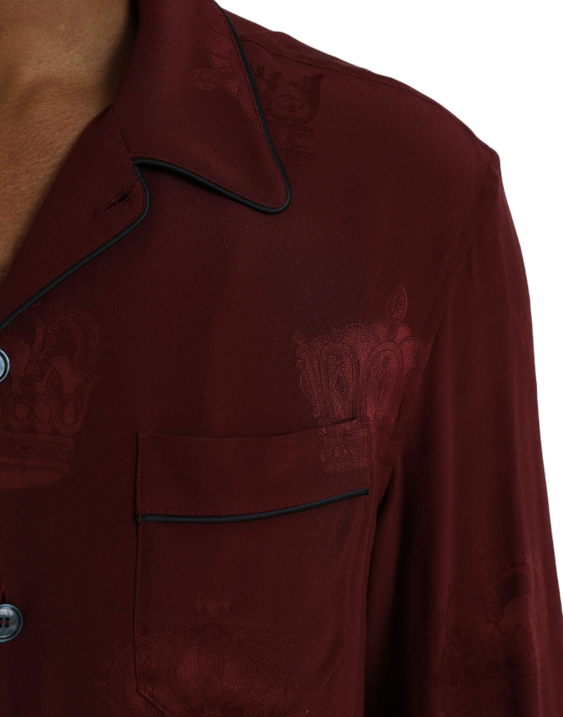Dolce & Gabbana Maroon Crown Jacquard Silk Long Sleeve Shirt Dolce & Gabbana