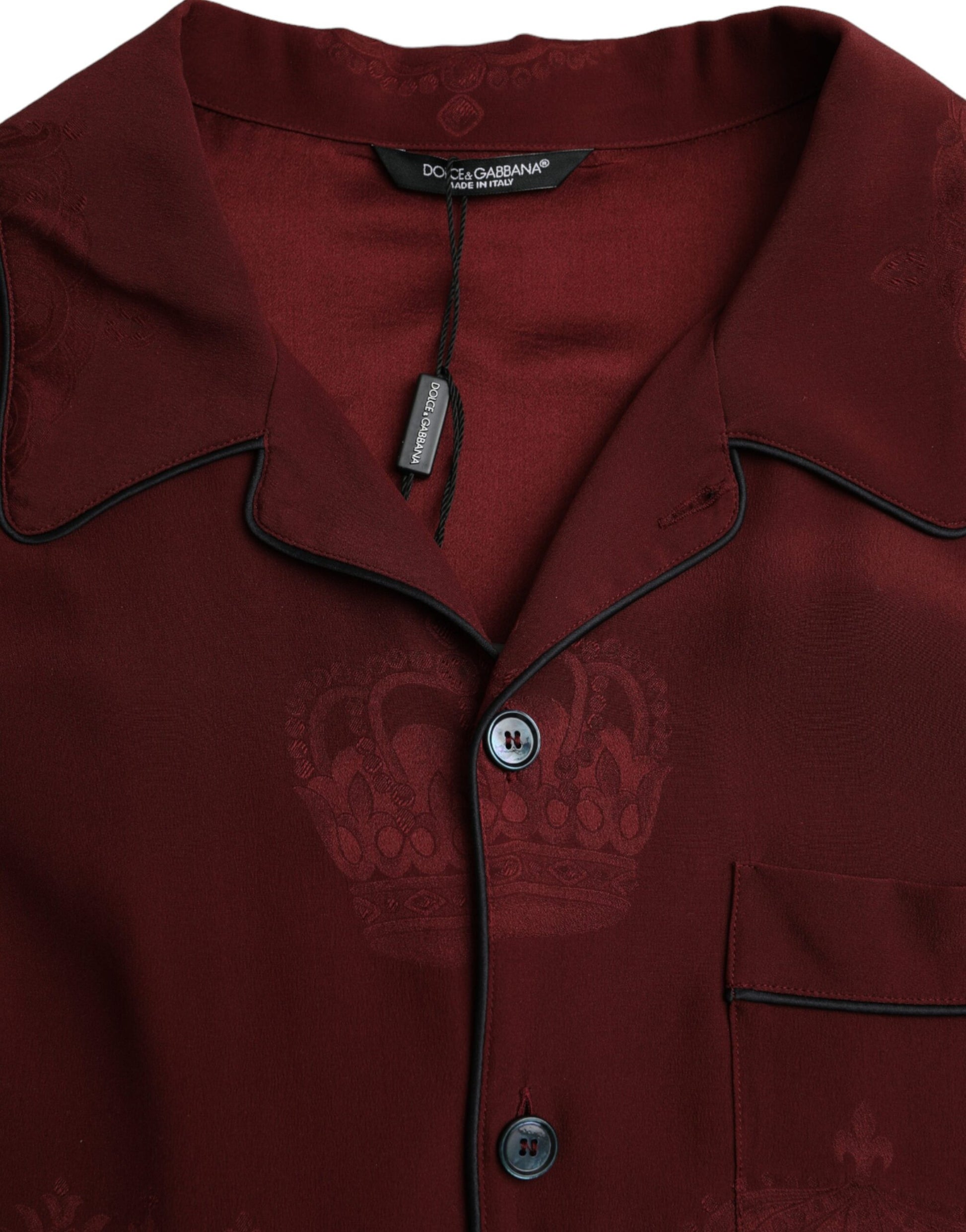 Dolce & Gabbana Maroon Crown Jacquard Silk Long Sleeve Shirt Dolce & Gabbana