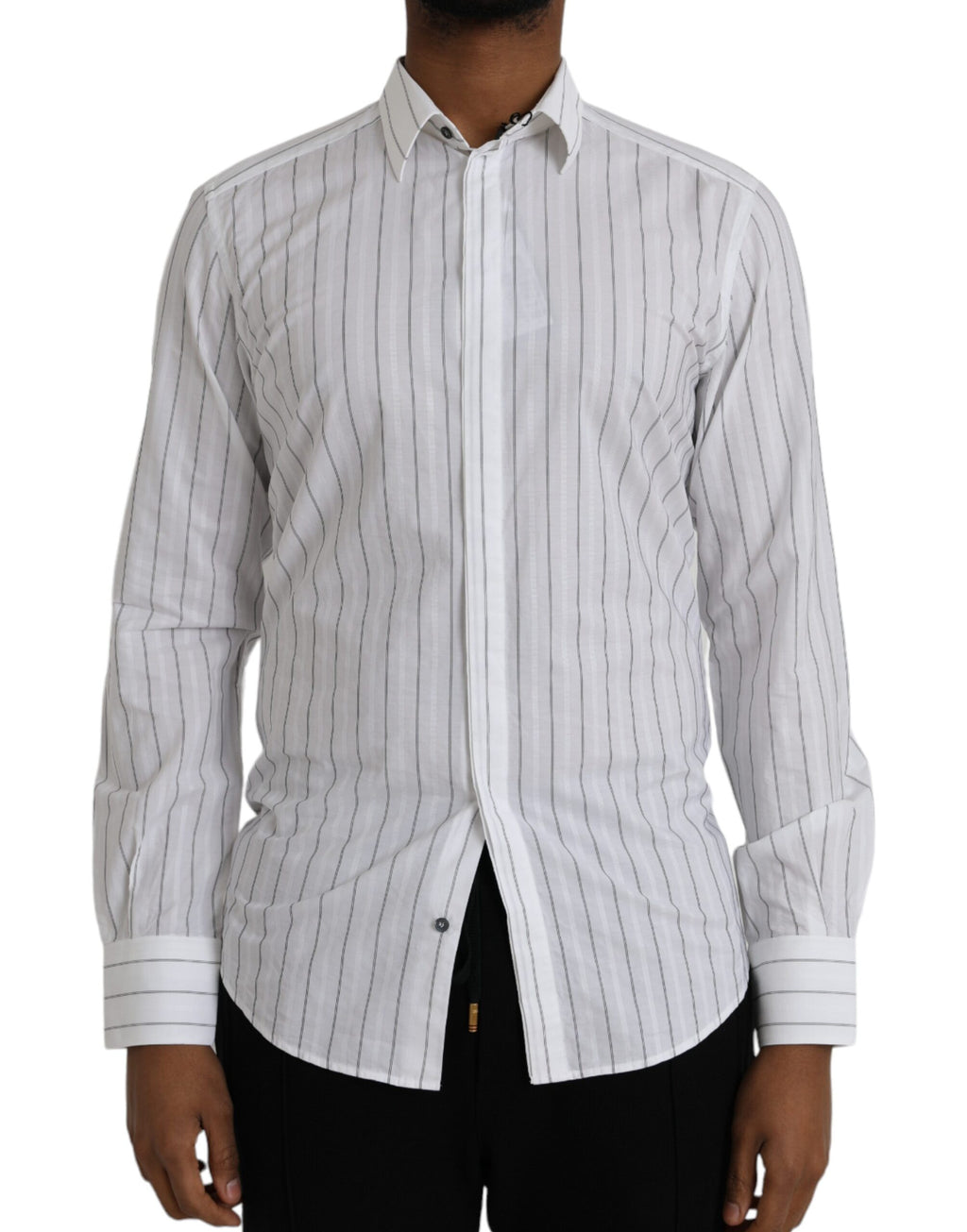 Dolce & Gabbana Black White Striped Formal Dress GOLD Shirt - Eljoys Fashion 