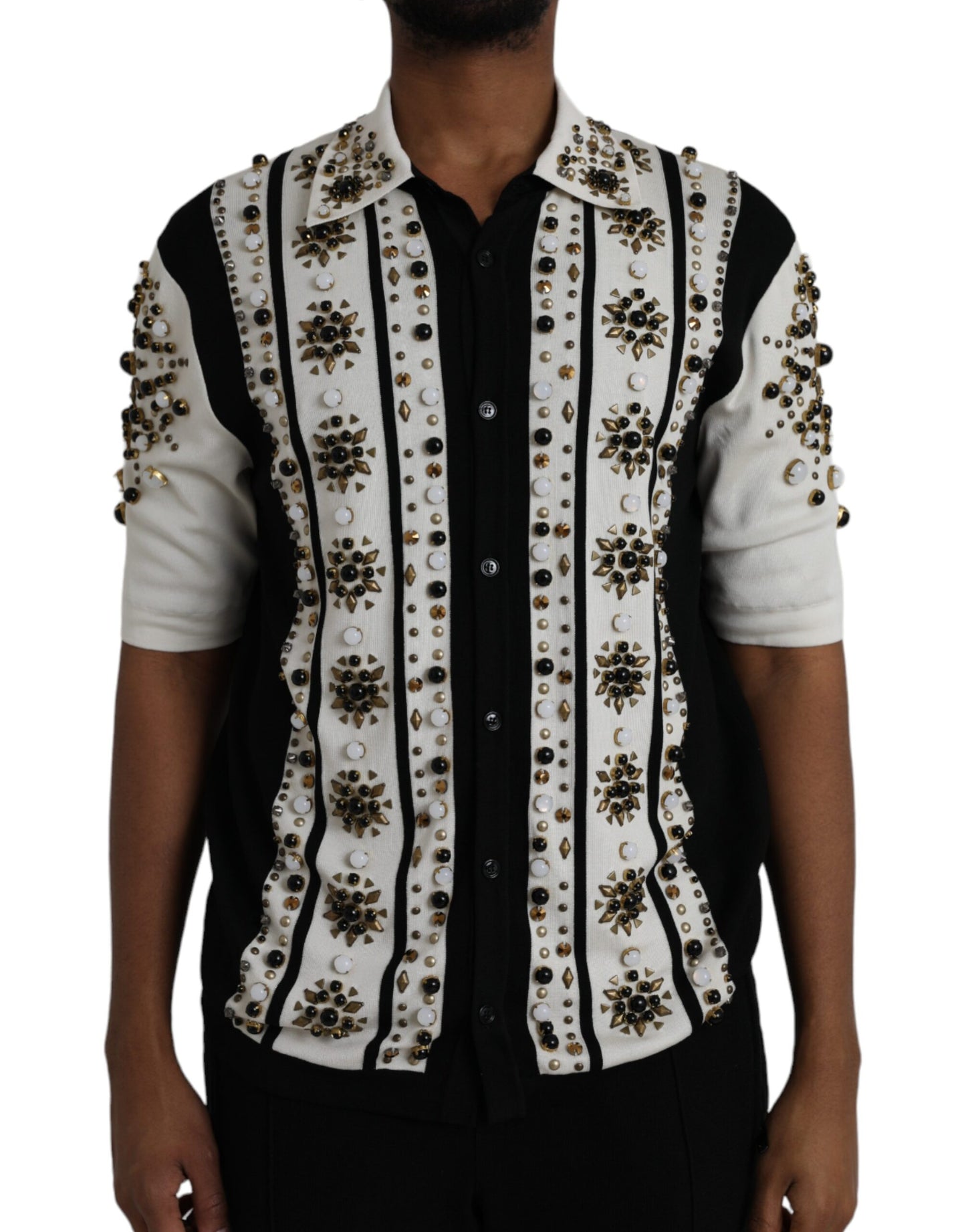 Dolce & Gabbana White Black Silk Studded Stone Crystal Shirt Dolce & Gabbana