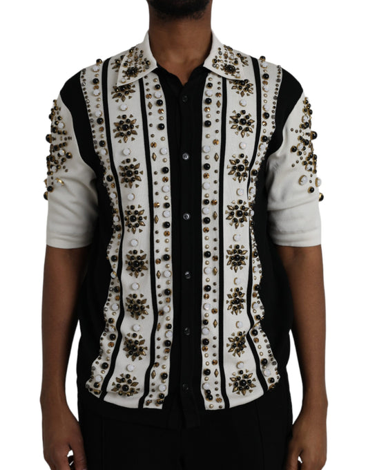 Dolce & Gabbana White Black Silk Studded Stone Crystal Shirt Dolce & Gabbana