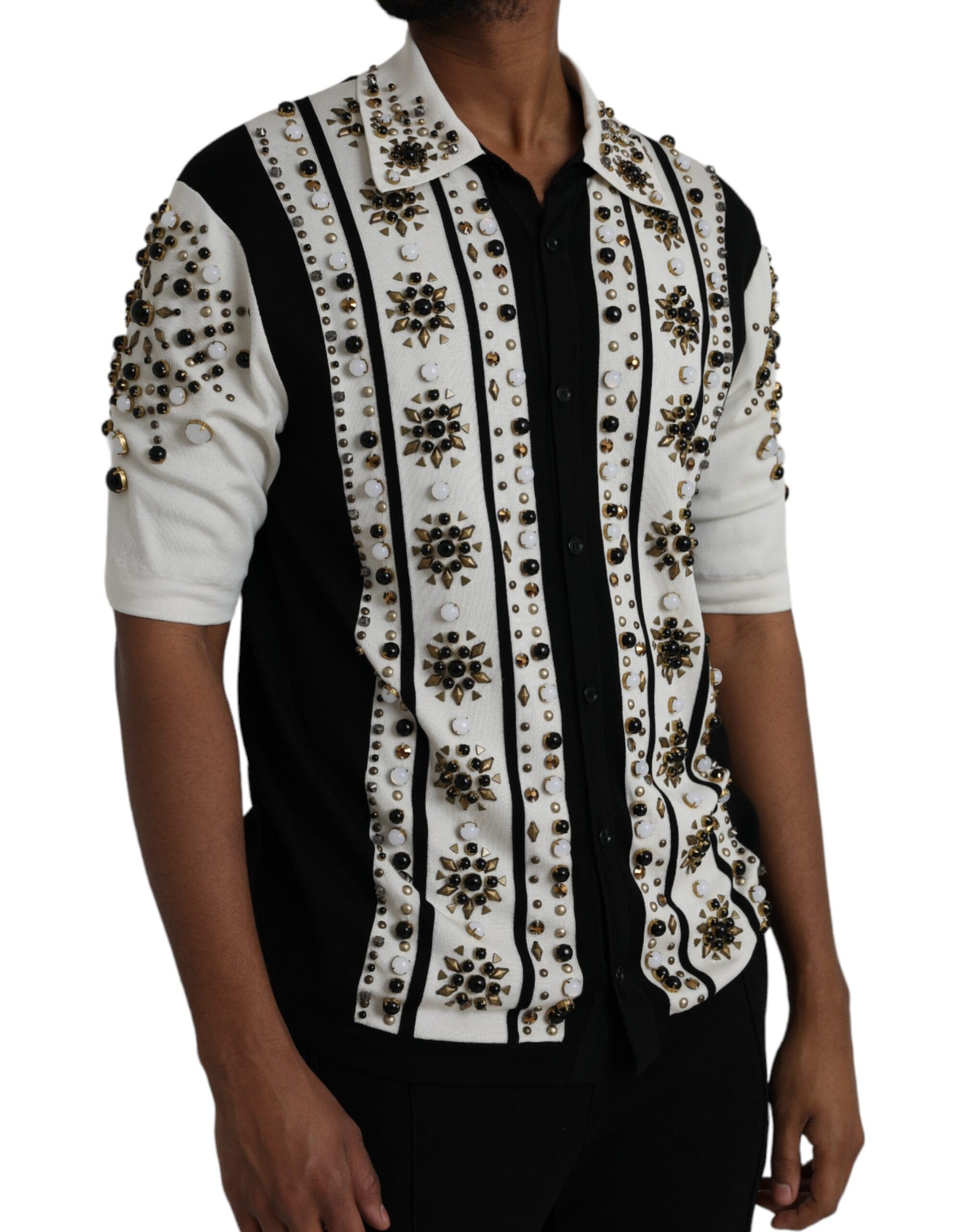 Dolce & Gabbana White Black Silk Studded Stone Crystal Shirt Dolce & Gabbana