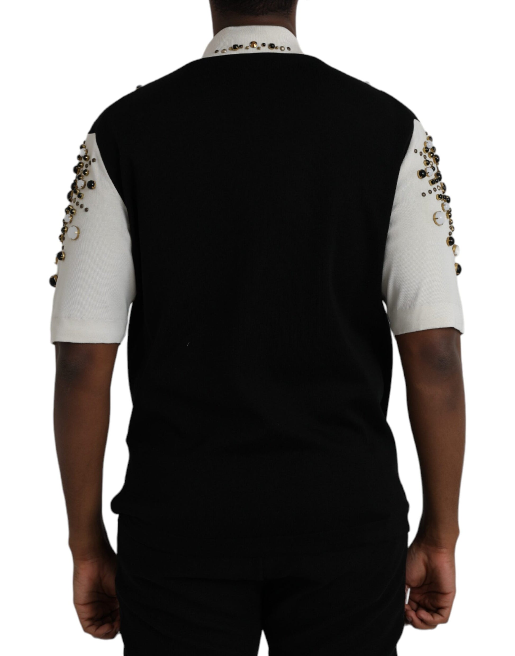 Dolce & Gabbana White Black Silk Studded Stone Crystal Shirt Dolce & Gabbana