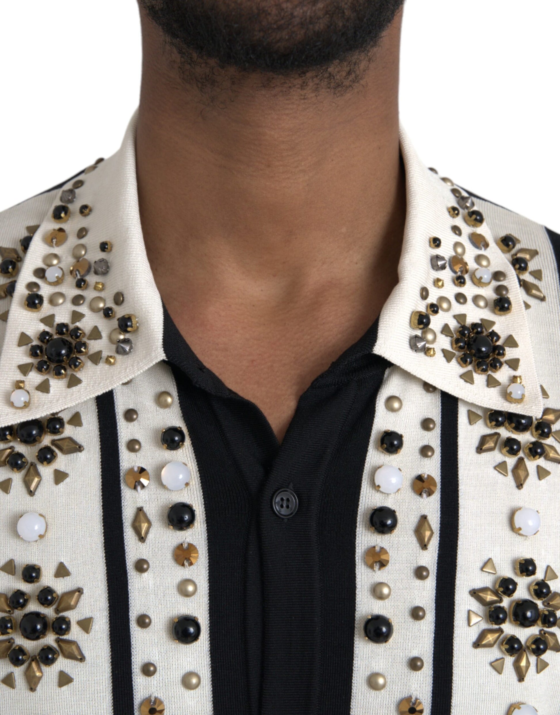Dolce & Gabbana White Black Silk Studded Stone Crystal Shirt Dolce & Gabbana