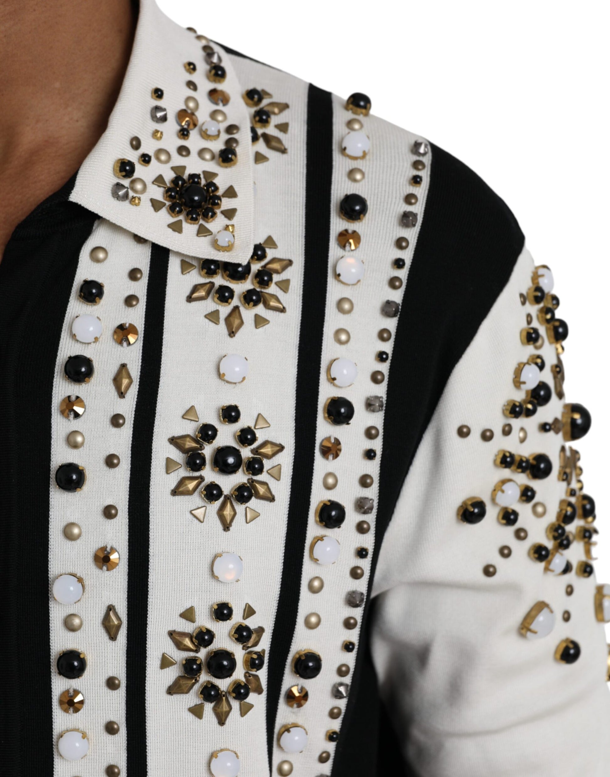 Dolce & Gabbana White Black Silk Studded Stone Crystal Shirt Dolce & Gabbana
