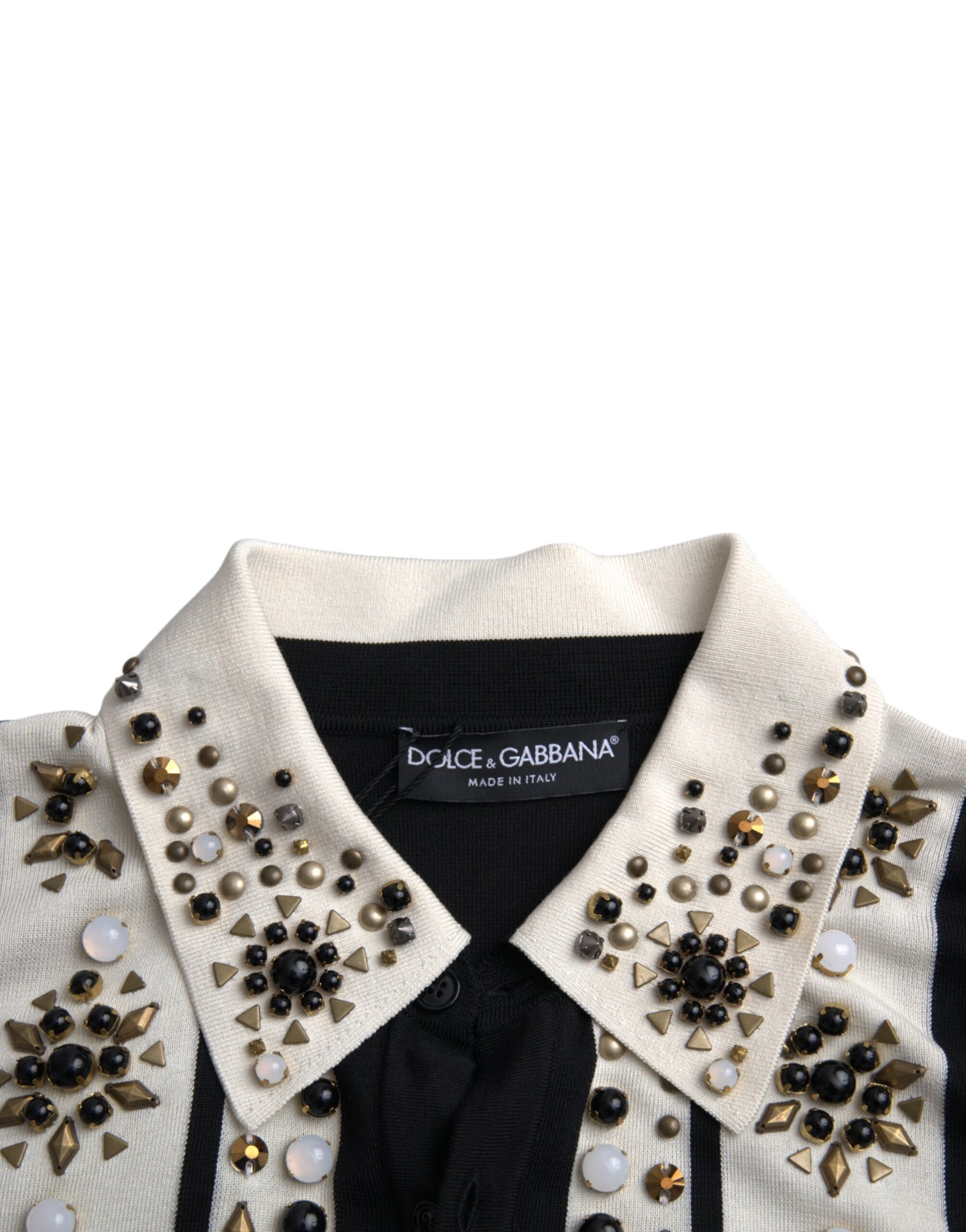 Dolce & Gabbana White Black Silk Studded Stone Crystal Shirt Dolce & Gabbana