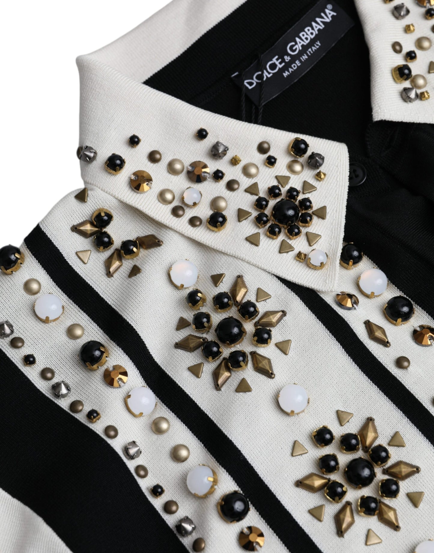 Dolce & Gabbana White Black Silk Studded Stone Crystal Shirt Dolce & Gabbana
