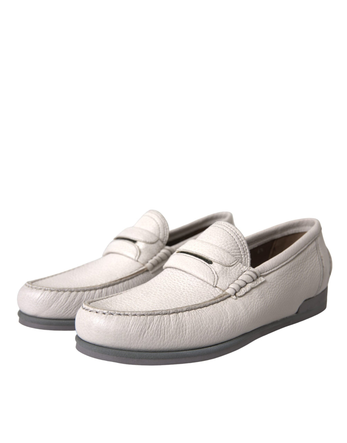 Dolce & Gabbana white and gray leather slip moccasin shoes with classic loafer design, featuring sleek stitching and polished finish.