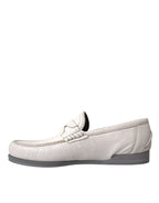 Dolce & Gabbana white and gray leather slip-on moccasin shoes with loafer style, featuring sleek design and stitching details.