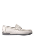 Dolce & Gabbana white and gray leather slip-on mocassin loafers with sleek design and stitching details.