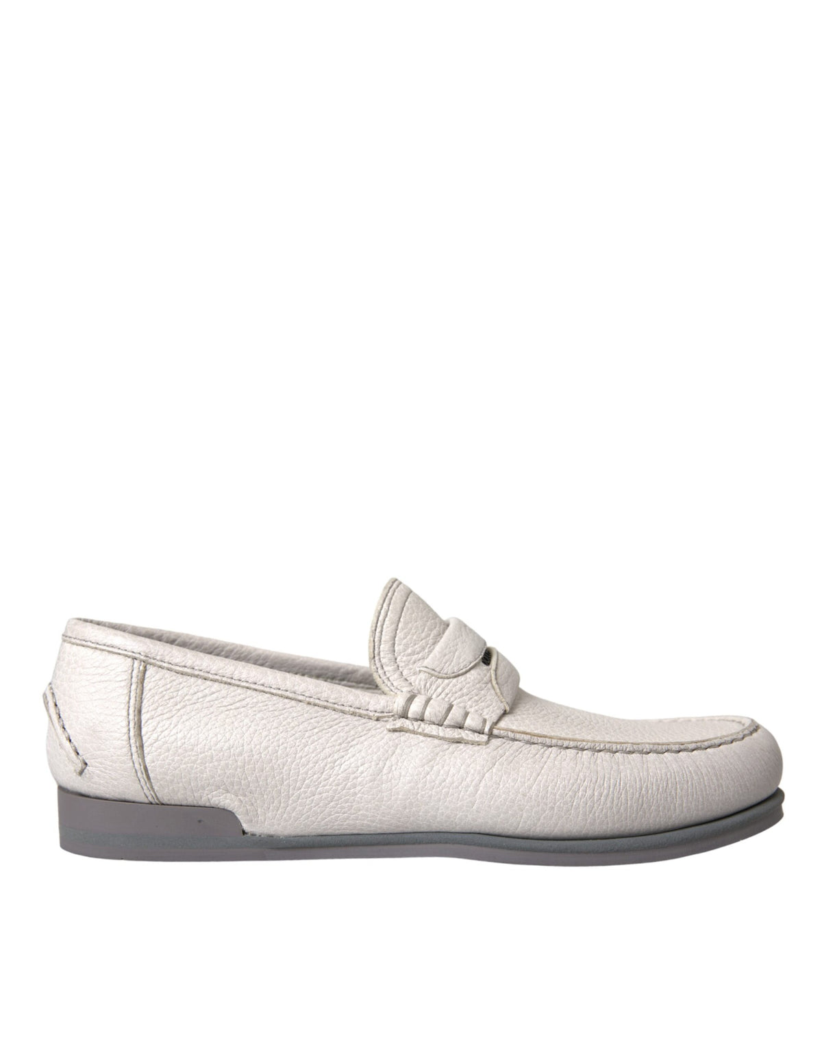 Dolce & Gabbana white and gray leather slip-on mocassin loafers with sleek design and stitching details.