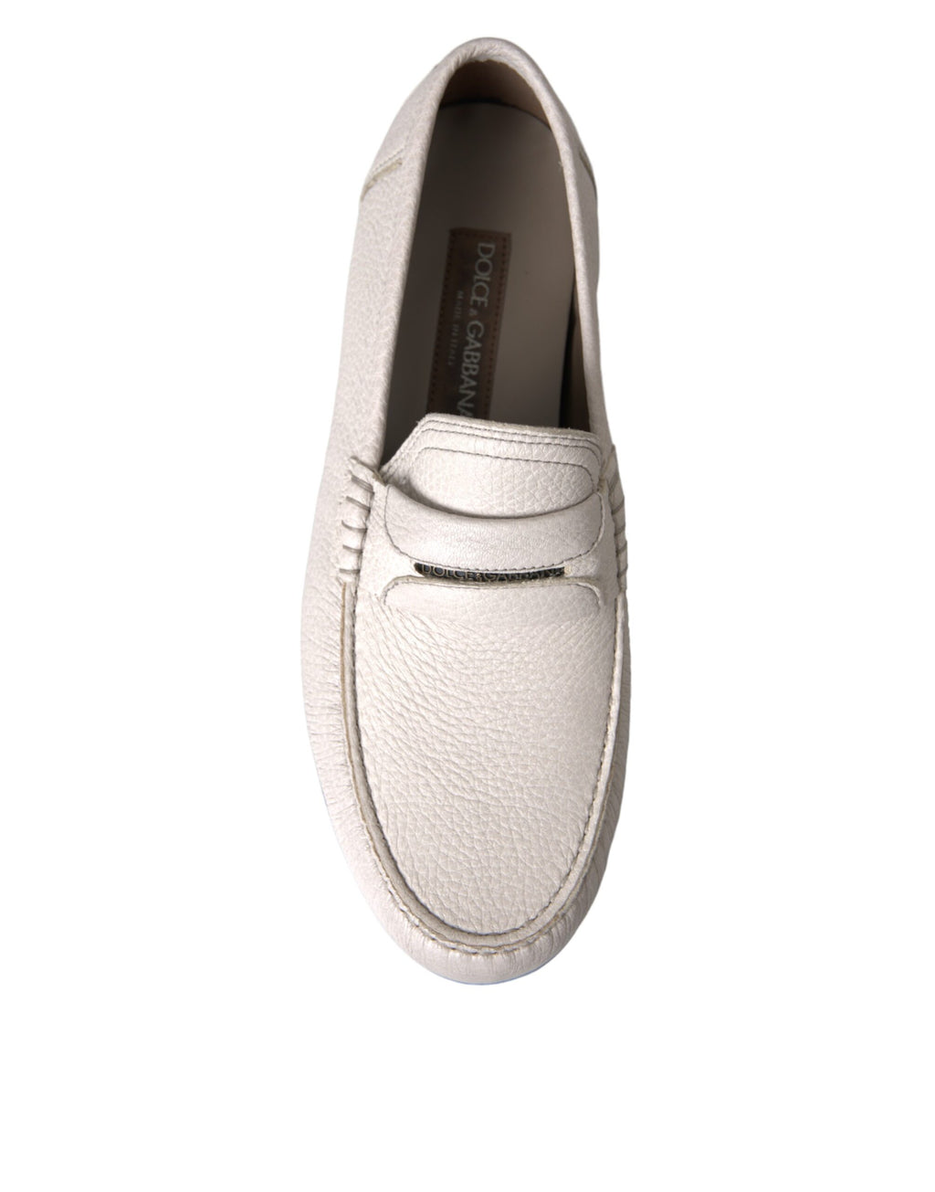 Dolce & Gabbana white and gray leather slip mocassin shoes with loafer style, featuring sleek design and classic craftsmanship.