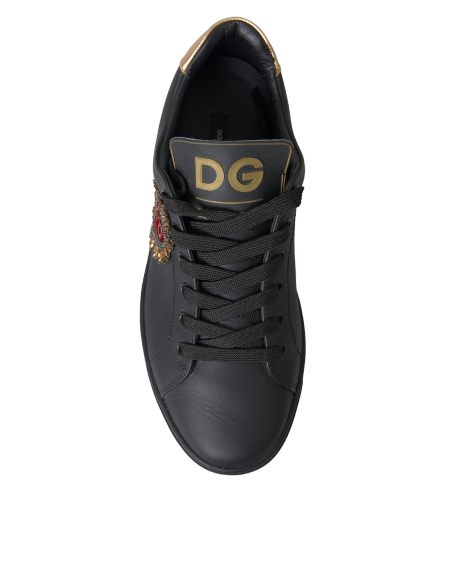 Dolce & Gabbana Black Leather Heart Embellished Sneakers Shoes Dolce & Gabbana