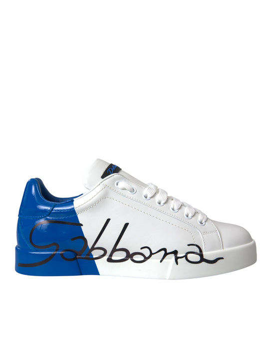 Dolce & Gabbana White Blue Leather Logo Low Top Sneakers Shoes Dolce & Gabbana