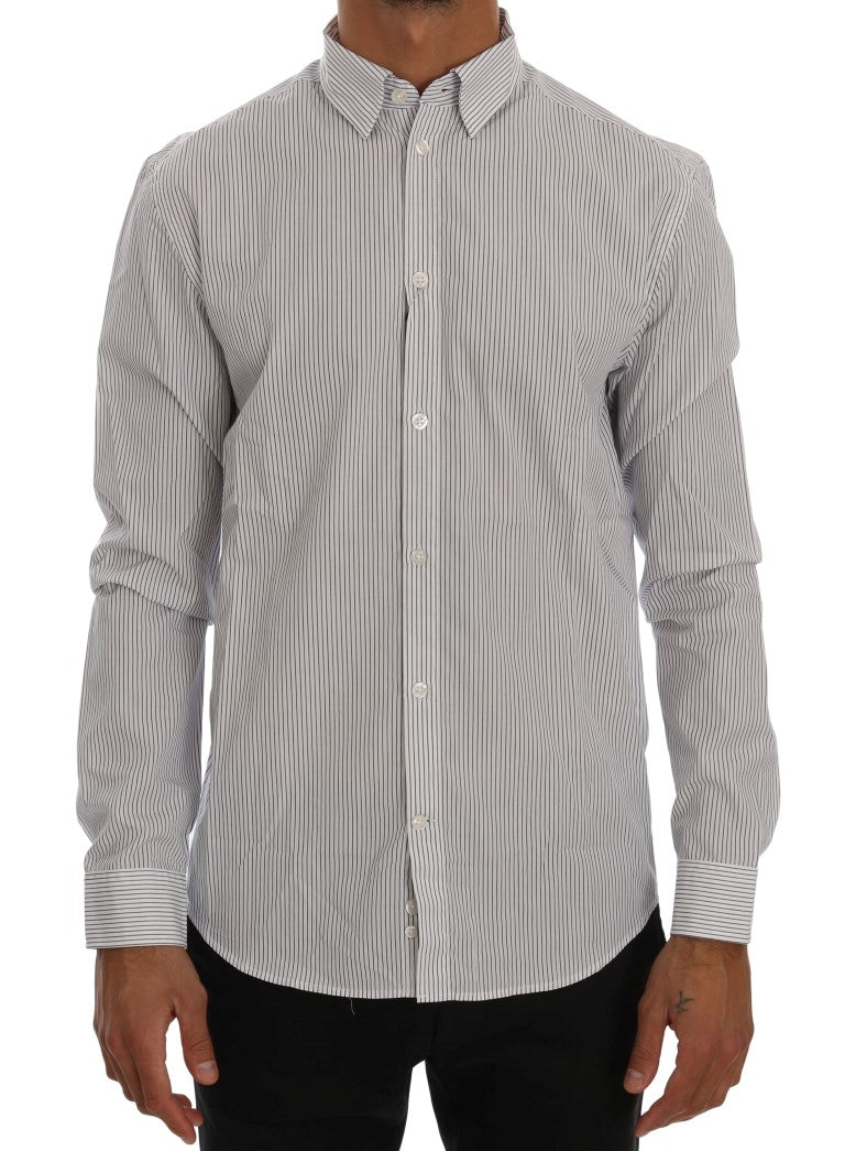 Frankie Morello White Blue Striped Casual Cotton Regular Fit Shirt Frankie Morello