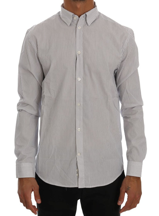 Frankie Morello White Blue Striped Casual Cotton Regular Fit Shirt Frankie Morello