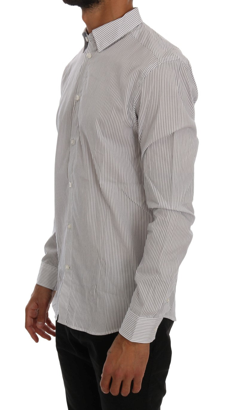 Frankie Morello White Blue Striped Casual Cotton Regular Fit Shirt Frankie Morello