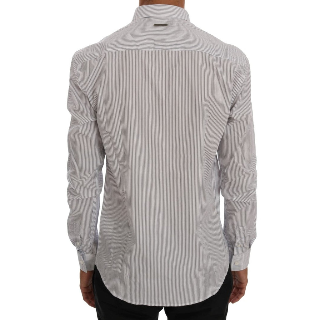 Frankie Morello White Blue Striped Casual Cotton Regular Fit Shirt