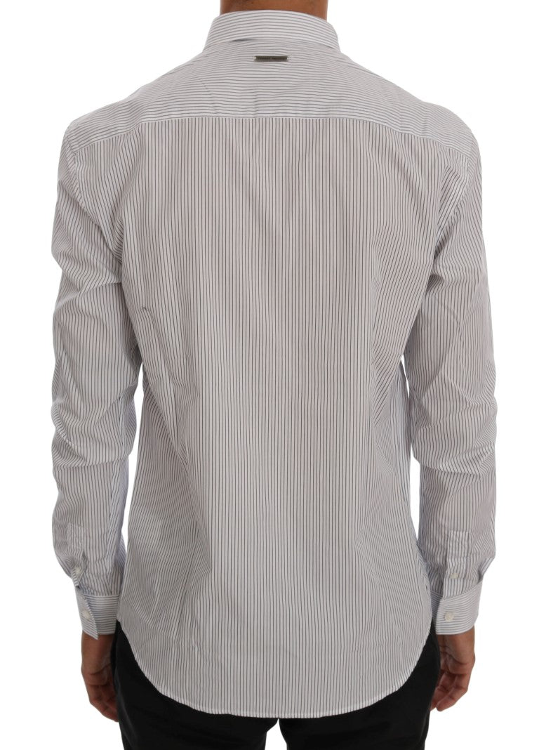 Frankie Morello White Blue Striped Casual Cotton Regular Fit Shirt Frankie Morello