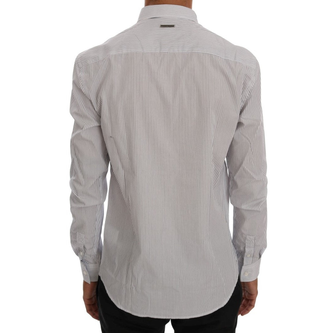 Frankie Morello White Blue Striped Casual Cotton Regular Fit Shirt