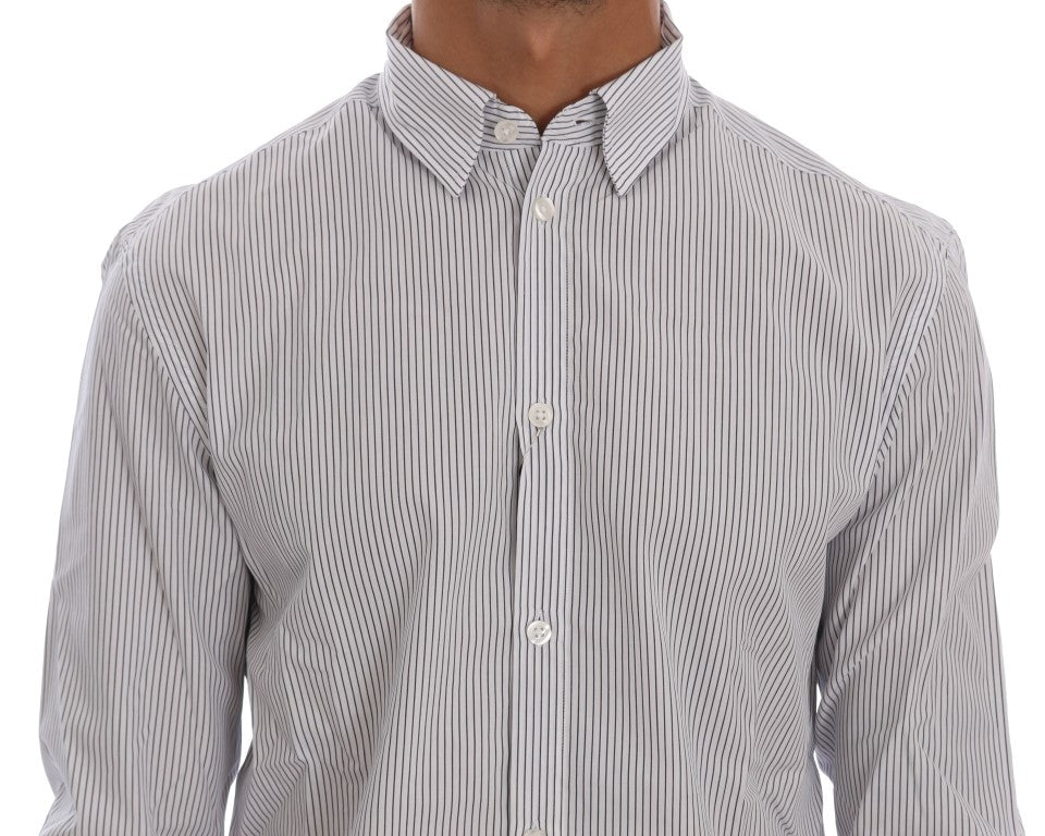 Frankie Morello White Blue Striped Casual Cotton Regular Fit Shirt Frankie Morello