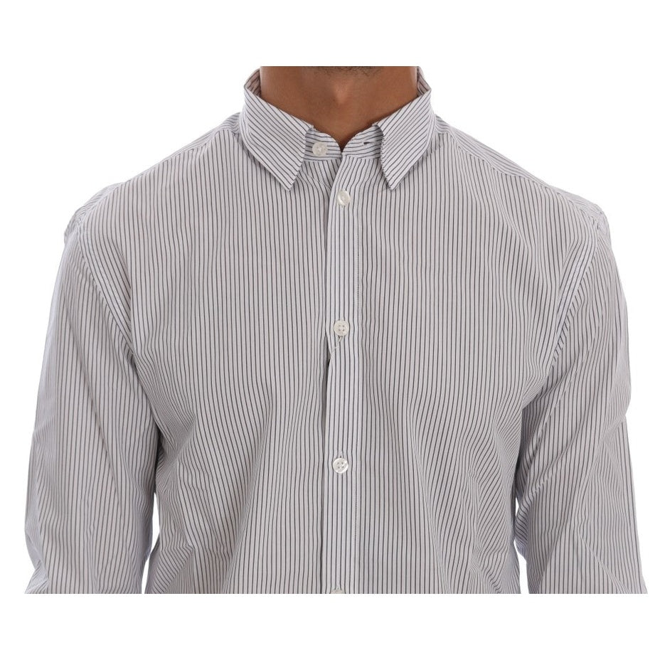 Frankie Morello White Blue Striped Casual Cotton Regular Fit Shirt