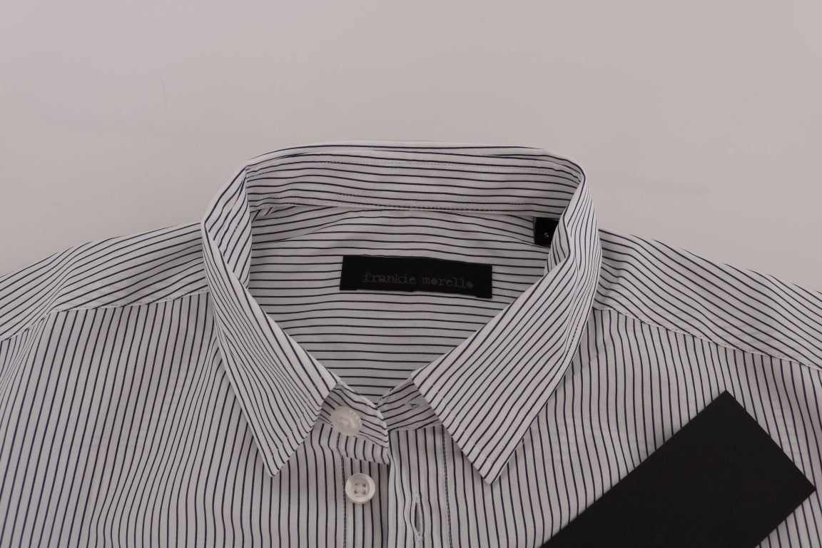 Frankie Morello White Blue Striped Casual Cotton Regular Fit Shirt Frankie Morello