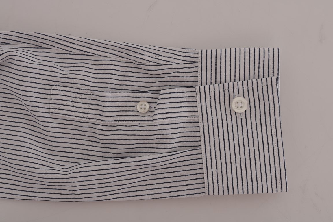 Frankie Morello White Blue Striped Casual Cotton Regular Fit Shirt Frankie Morello