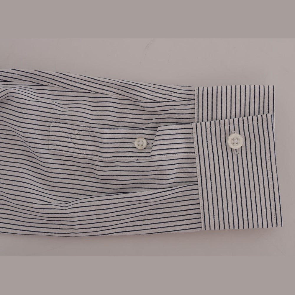 Frankie Morello White Blue Striped Casual Cotton Regular Fit Shirt