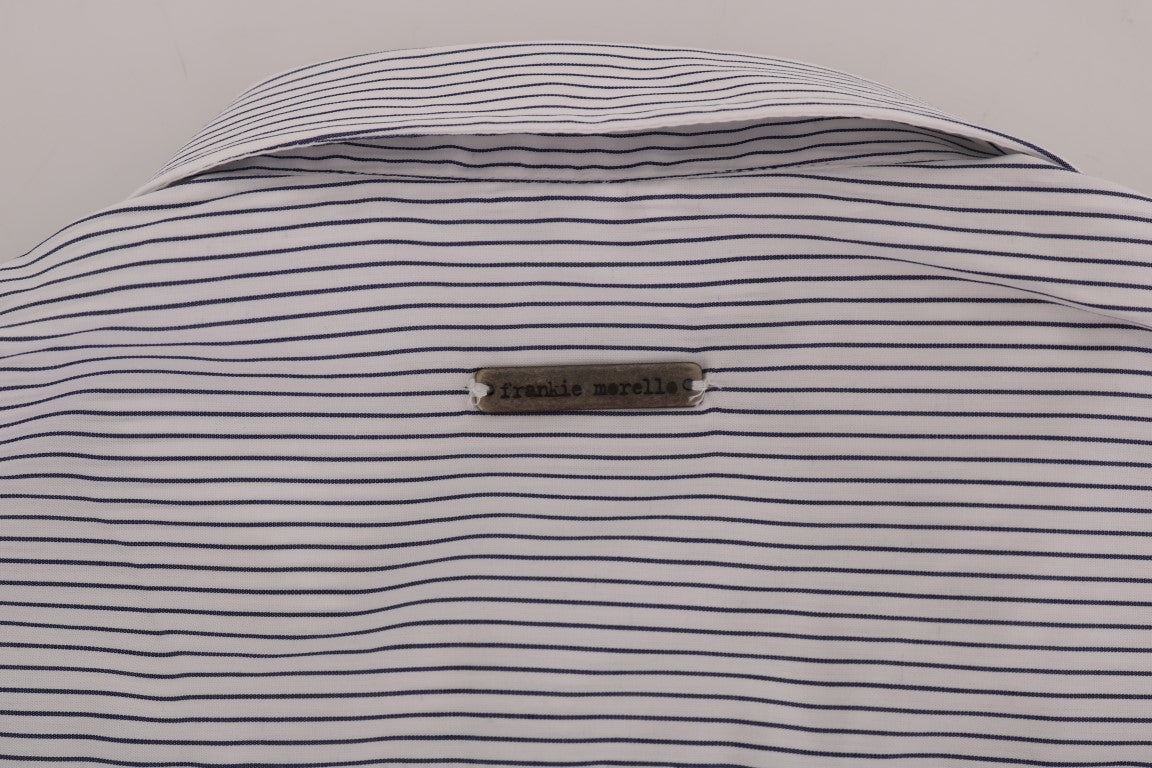 Frankie Morello White Blue Striped Casual Cotton Regular Fit Shirt Frankie Morello