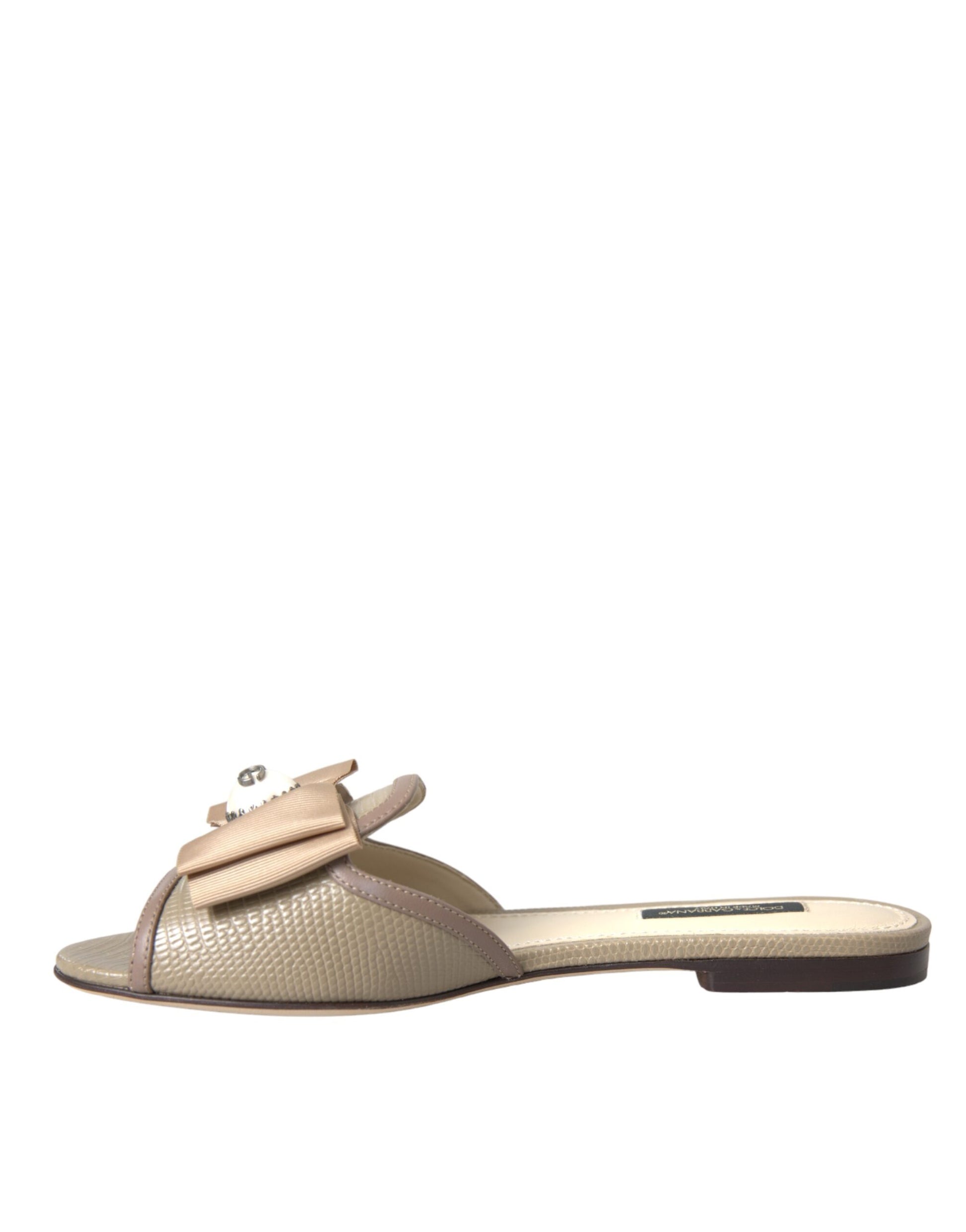 Dolce & Gabbana Beige Logo Pearl Flats Sandals Slides Shoes Dolce & Gabbana