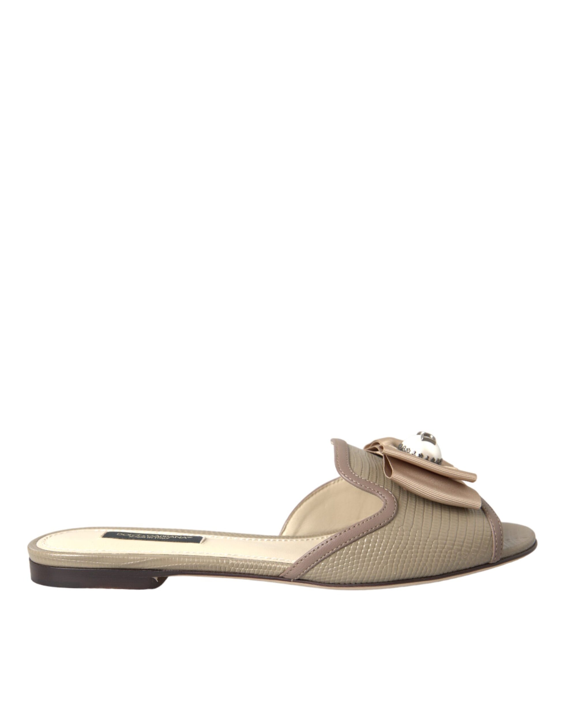 Dolce & Gabbana Beige Logo Pearl Flats Sandals Slides Shoes Dolce & Gabbana