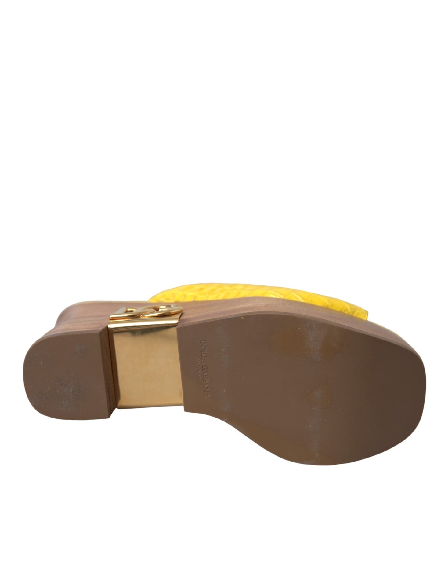 Dolce & Gabbana Yellow Leather Wood Mule Wedge Slides Shoes Dolce & Gabbana