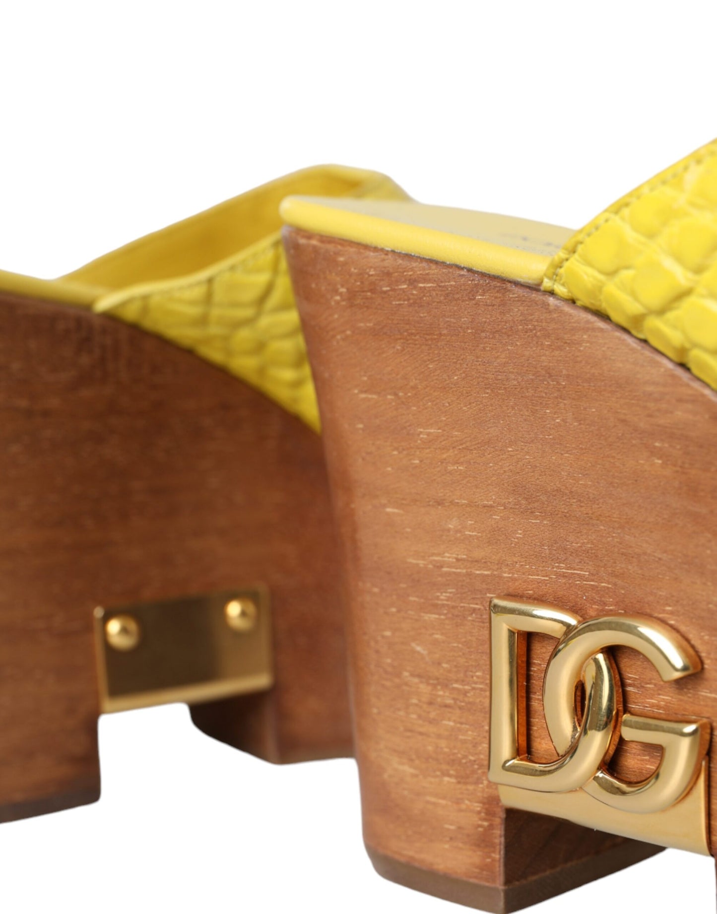 Dolce & Gabbana Yellow Leather Wood Mule Wedge Slides Shoes Dolce & Gabbana