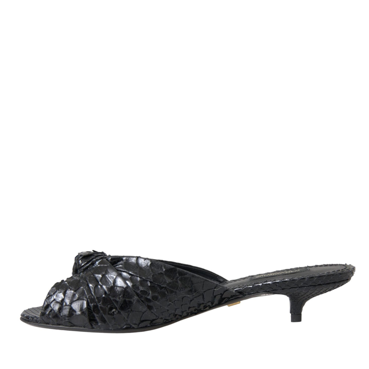 Dolce & Gabbana black exotic leather slide heels with open toe and sleek design.
